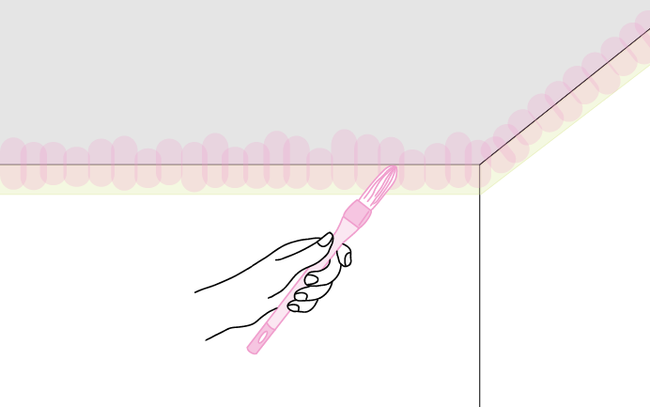 Dessin d'une main qui peint l'angle du plafond avec un pinceau à rechampir