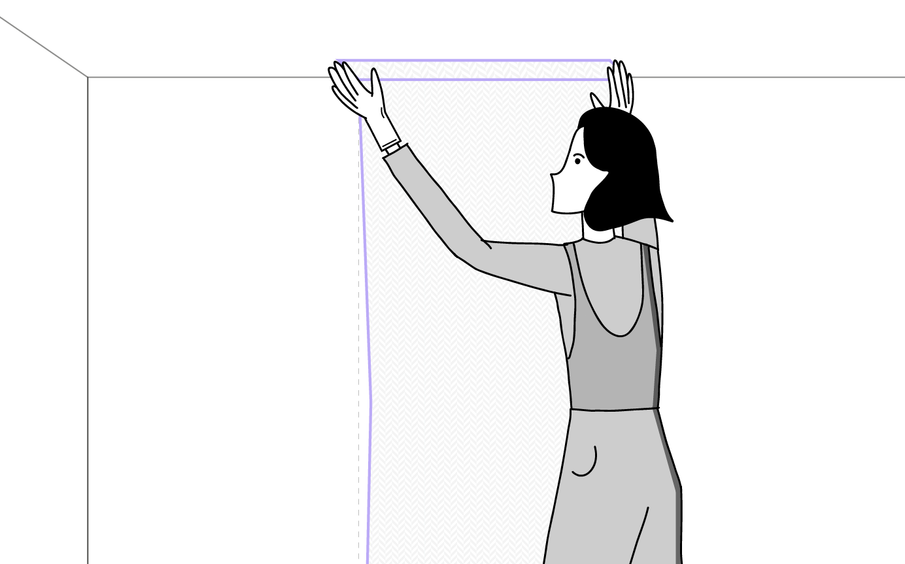 Dessin d'une femme posant de la toile de verre au mur