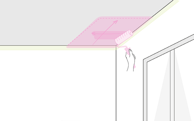 Dessin d'une main appliquant la peinture au rouleau dans un carré sur un plafond 