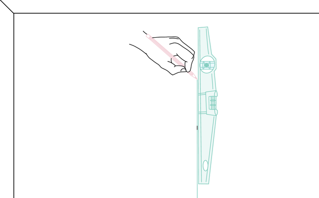 Dessin de main traçant des repères sur le mur à l'aide d'un niveau à bulles