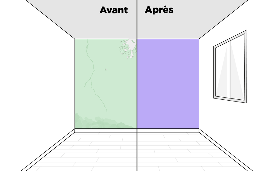 Dessin d'un avant/après d'une pièce aux murs abîmés