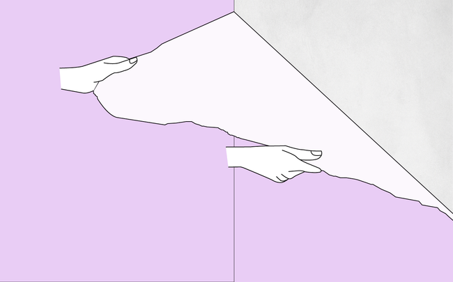 Dessin de mains arrachant du papier peint du mur