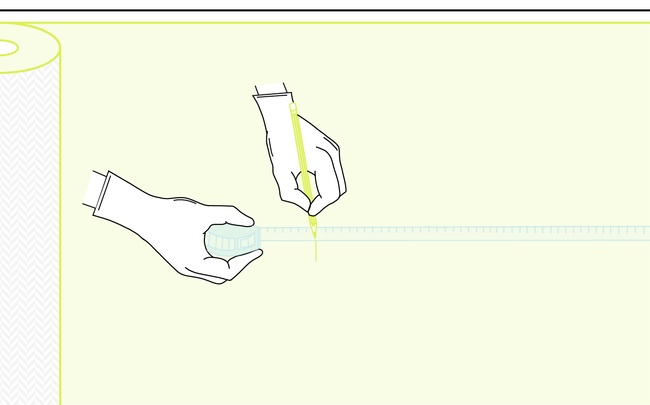 Dessin de mains gantées qui mesurent avec un mètre une longueur sur une toile de verre et tracent un repère