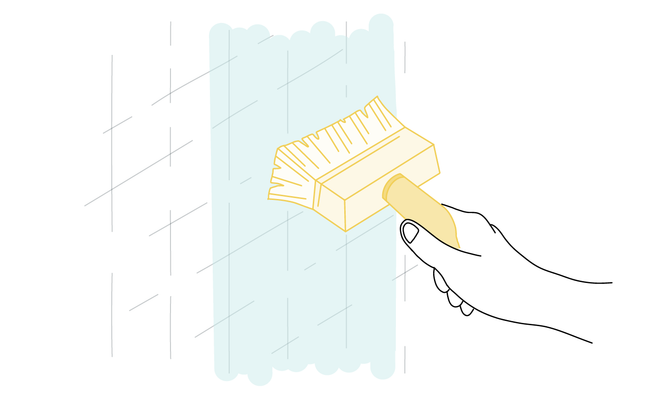 Dessin d'une main encollant un mur à l'aide d'une brosse à encoller jaune