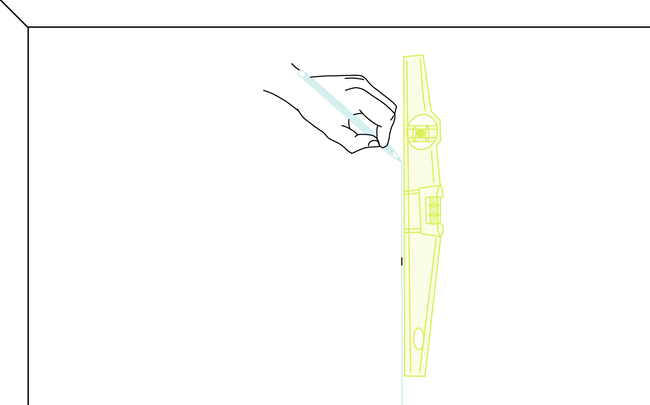 Dessin d'une main traçant une ligne verticale au mur à l'aide d'un niveau à bulle