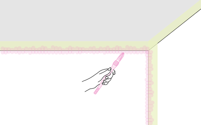 Dessin d'une main qui peint l'angle d'un mur avec un pinceau à rechampir