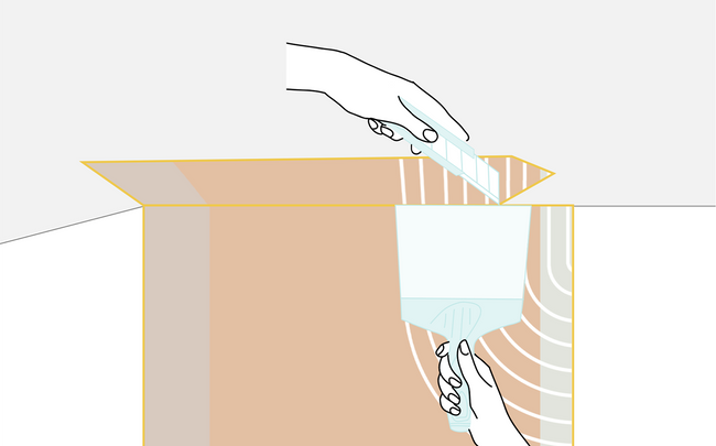 Dessin de mains coupant le surplus du lé avec un cutter et un couteau à émarger