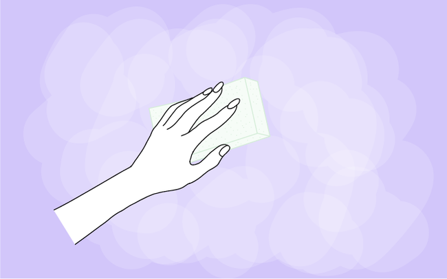 Dessin d'une main qui ponce un mur violet