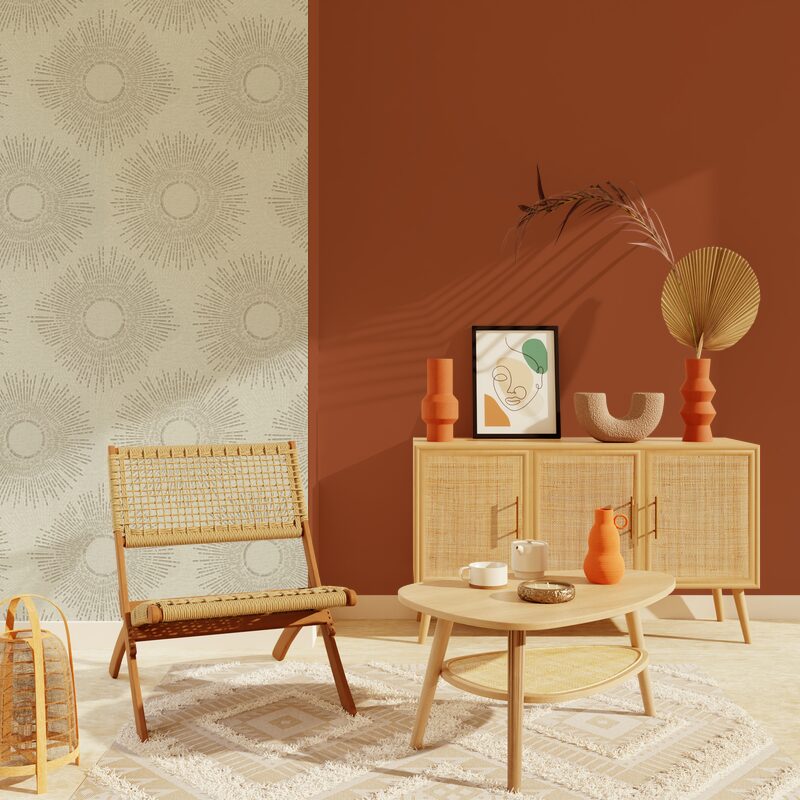 Déco salon terracotta et beige sable, style bohème