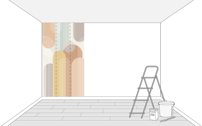 Dessin d'une pièce avec trois lés de papiers peints au mur et matériel de pose