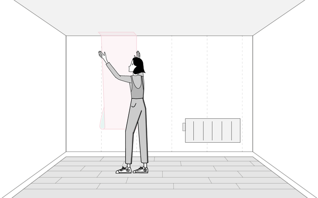 Dessin de femme positionnant un lé de papier peint sur un mur
