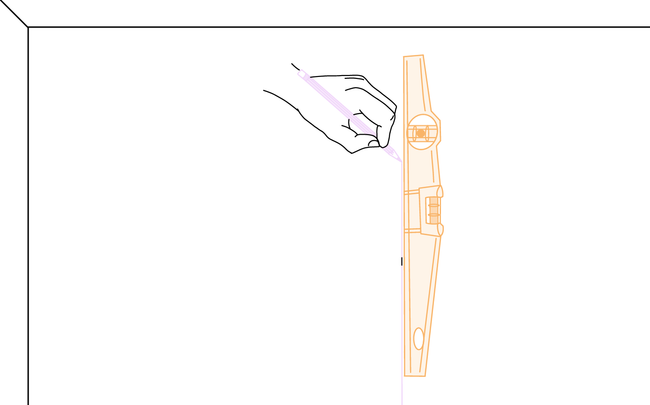 Dessin de main traçant des repères sur le mur à l'aide d'un niveau à bulles