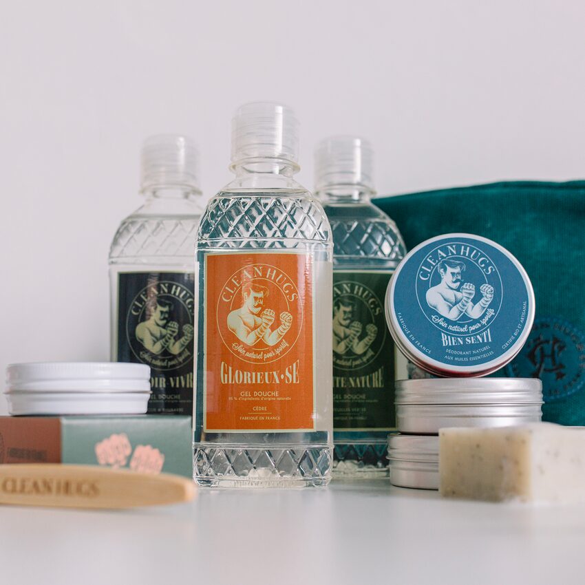 Flacons produits cosmétiques pour homme de la marque Clean Hugs