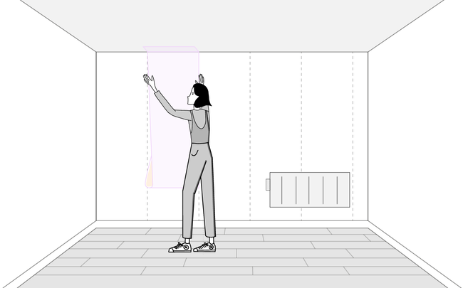 Dessin de femme positionnant un lé de papier peint sur un mur