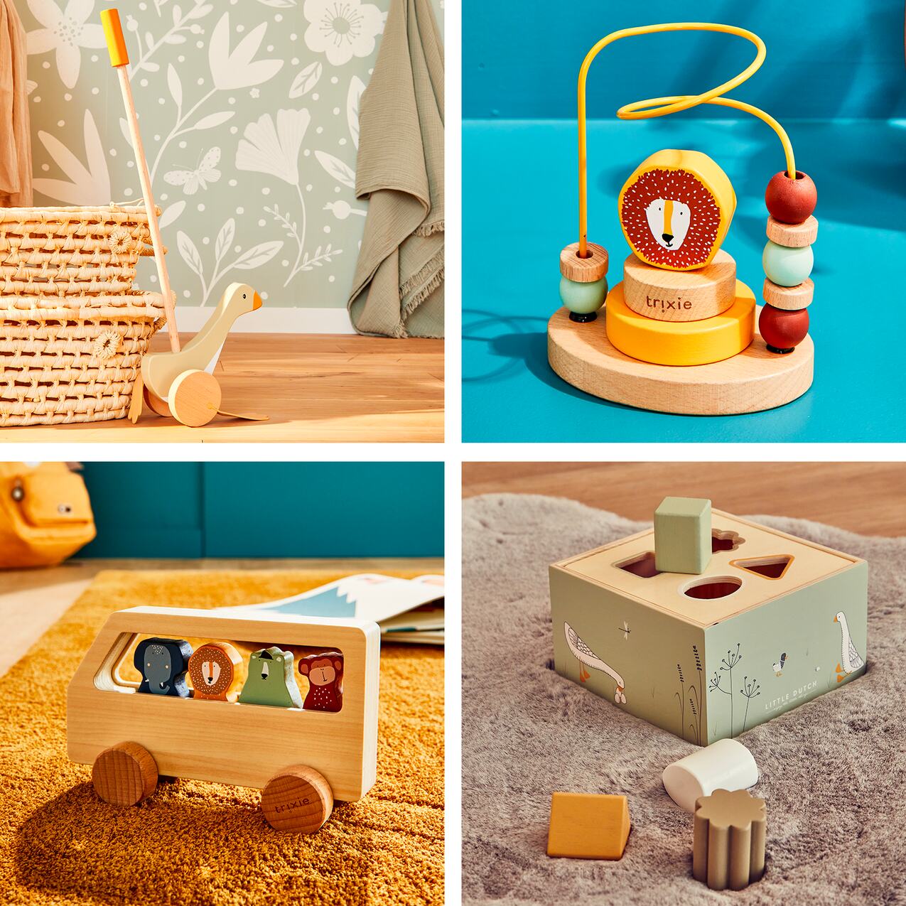 4 jouets en bois sur le thème des animaux séparés en 4 images