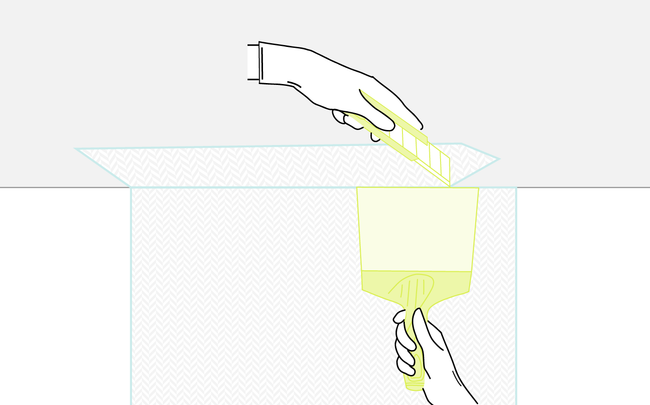 Dessin de mains coupant le surplus de toile de verre avec un cutter et un couteau à émarger