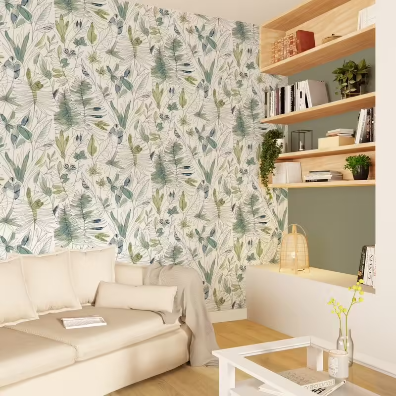 Papier peint feuillage FLAVIGNY en vert sauge dans salon blanc et bois 