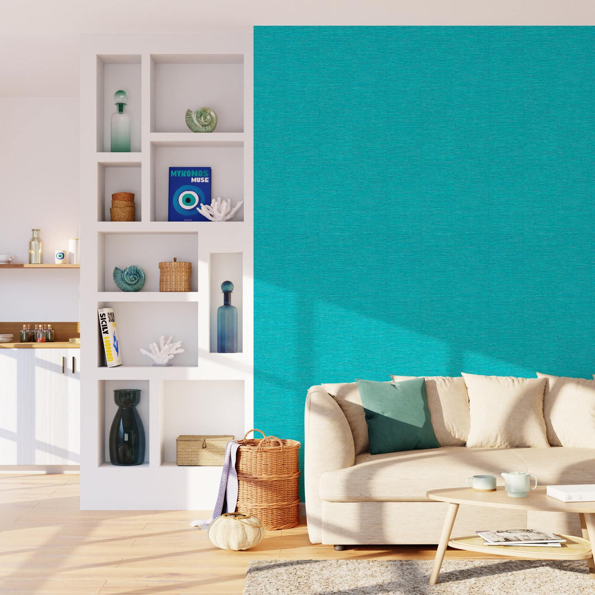 Papier peint intissé Curaçao Bleu turquoise Paille orientale