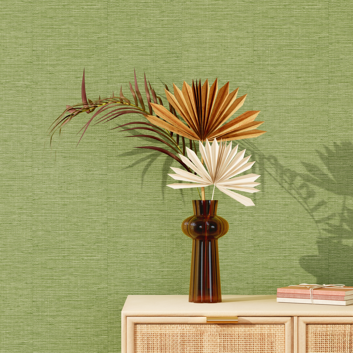 Papier peint intissé Curaçao Vert bambou Paille orientale