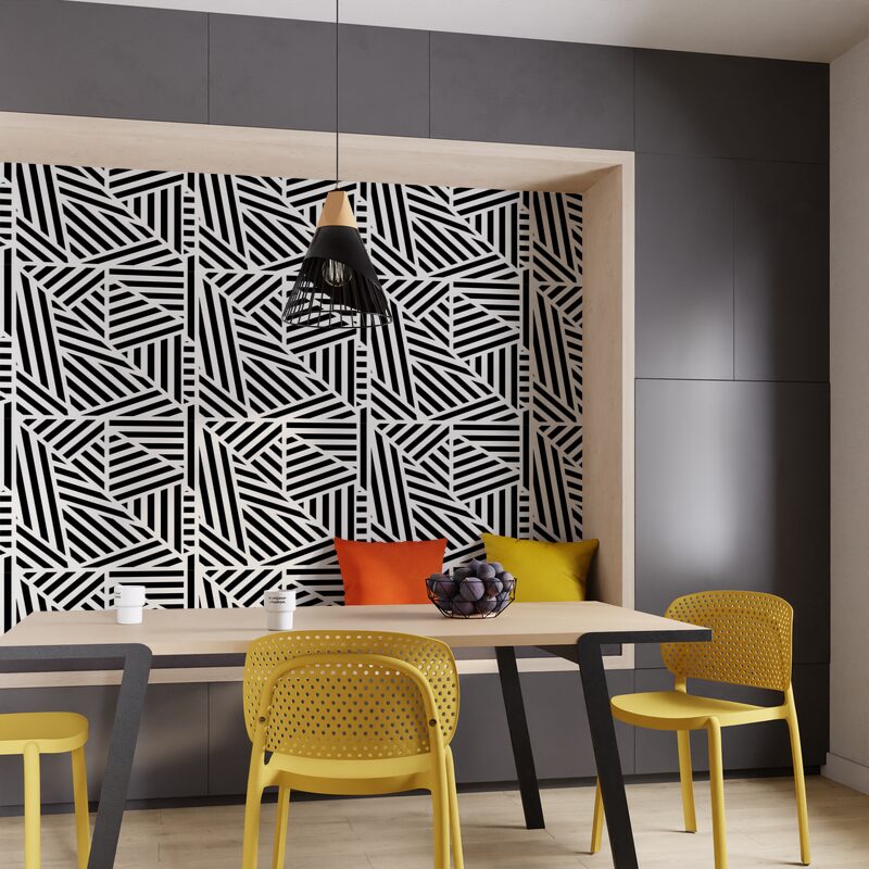 Papier peint noir et blanc motif géométrique dans un décor de salle à manger