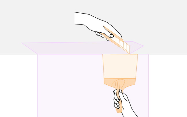 Dessin de mains coupant le surplus de papier peint en haut du mur à l'aide d'un couteau à émarger et d'un cutter