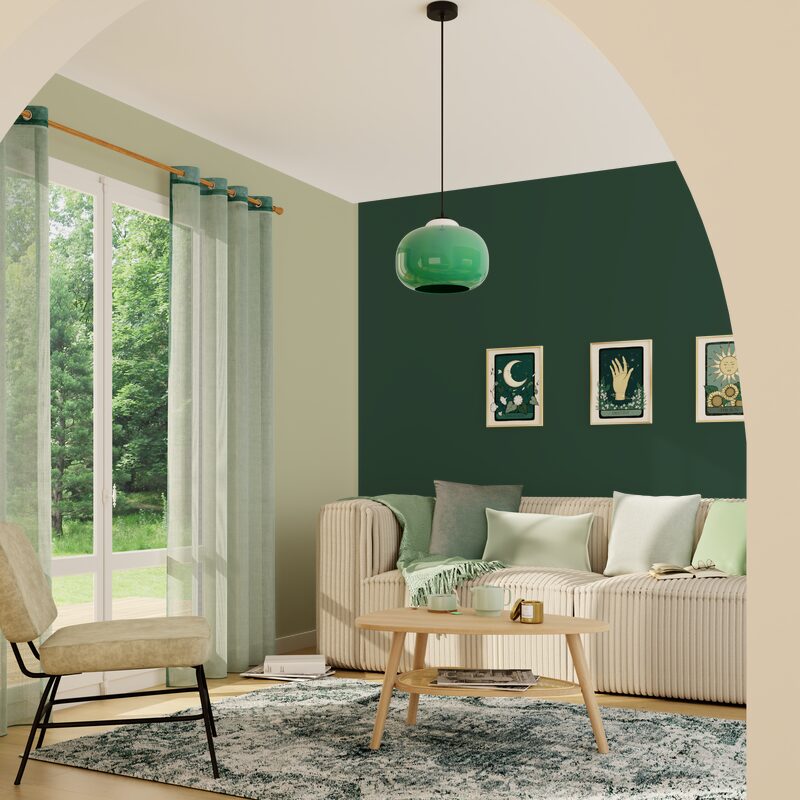 Déco salon cosy vert foncé et vert d'eau