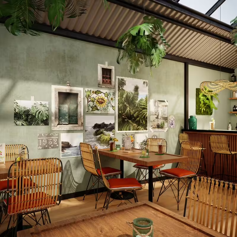 Papier peint vert sauge avec affiches exotiques dans restaurant style nature