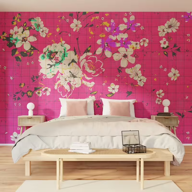 Papier peint panoramique rose fuchsia motif fleuri dans un décor de chambre