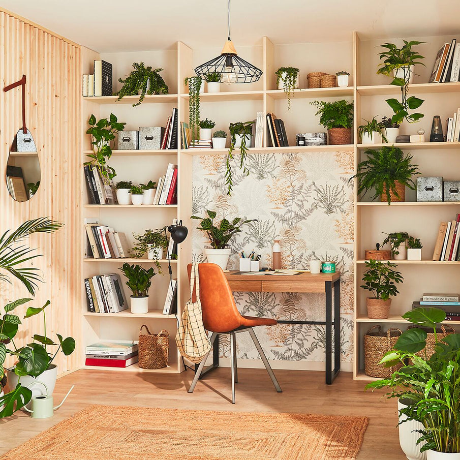Bureau avec étagère murale en bois claire et plantes vertes