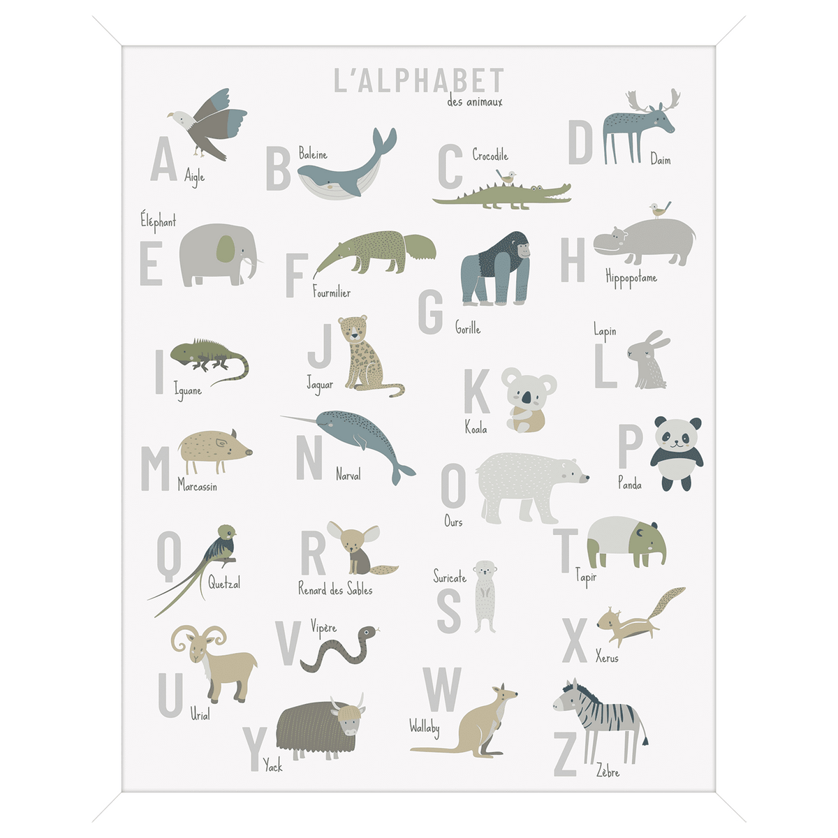Tableau L'alphabet animals on the planet Beige kaki pétrole