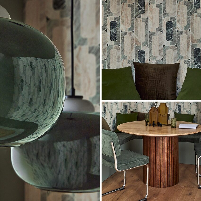 Montage : zoom sur suspensions vertes, papier peint effet marbre et table en ronde bois et marbre