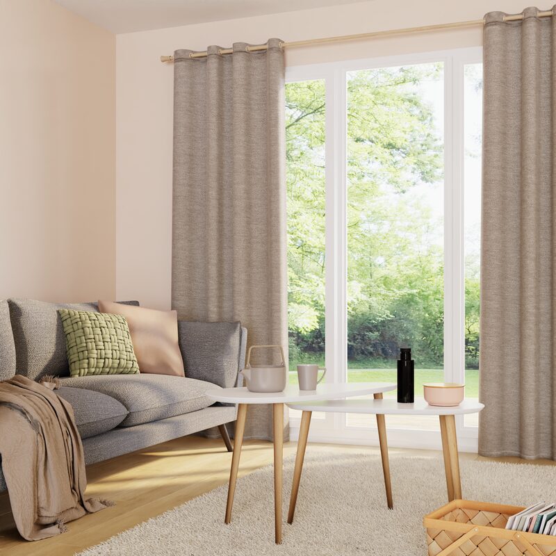 Déco salon scandinave, rideaux thermiques couleur gris aux fenêtres