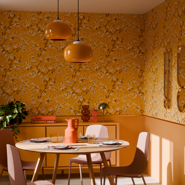 Salle à manger dans les tons jaunes, papier peint au motif fleurs japonaises