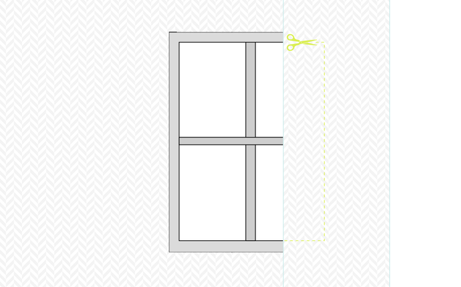 Dessin de paire de ciseaux découpant de la toile de verre débordant sur une fenêtre