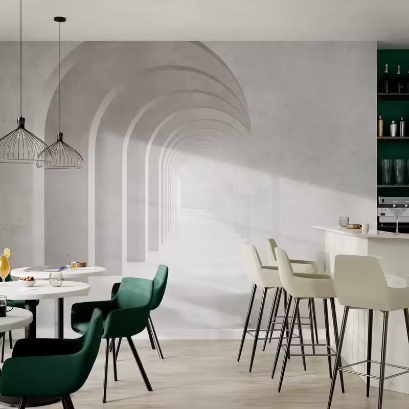 Papier peint panoramique trompe-l'œil avec couloir en arches en gris clair dans salle de restaurant