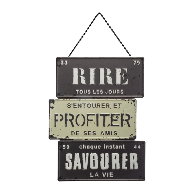Plaque métal PROFITER DE LA VIE gris, blanc et noir