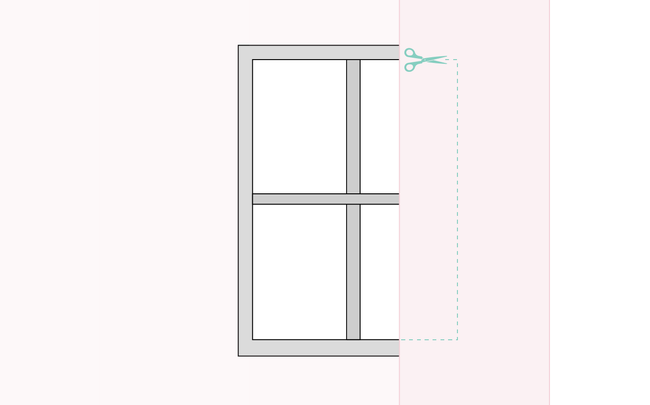Dessin de paire de ciseaux découpant du papier peint débordant sur une fenêtre