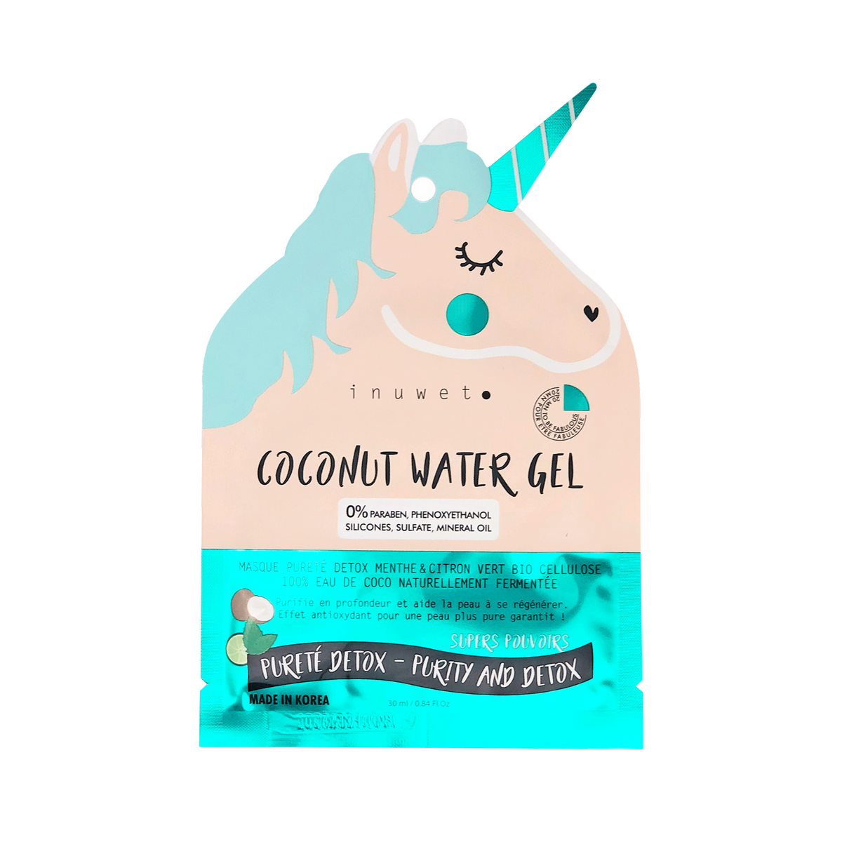 INUWET Masque tissu Licorne visage purete detox Multicolore Menthe / citron / coco 30ML