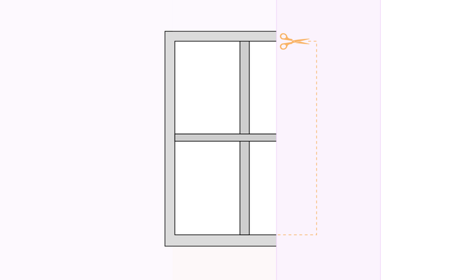 Dessin de paire de ciseaux découpant du papier peint débordant sur une fenêtre