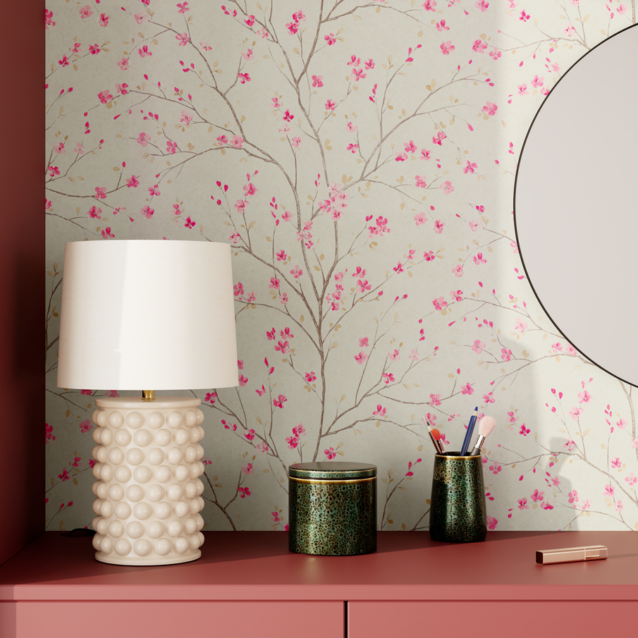 Papier peint au motif petites fleurs japonaises roses