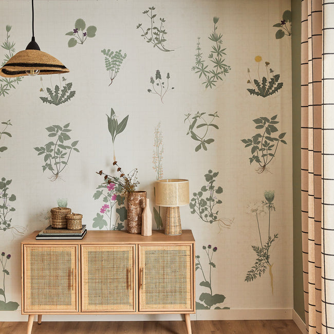 Papier peint panoramique motif herbier, déco maison de campagne