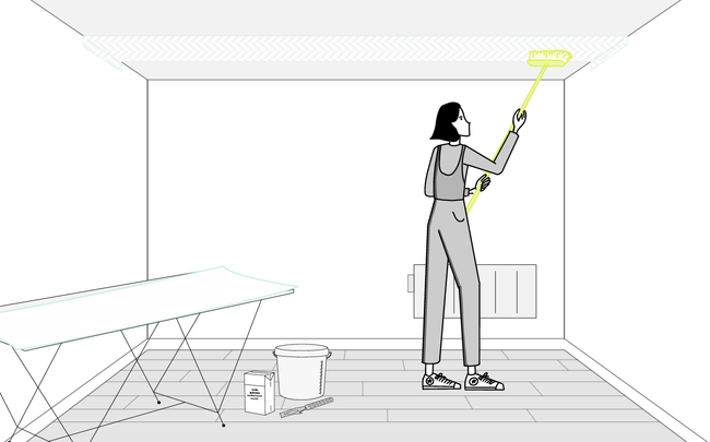 Dessin de femme qui tient un balai pour maroufler la toile de verre posée au plafond