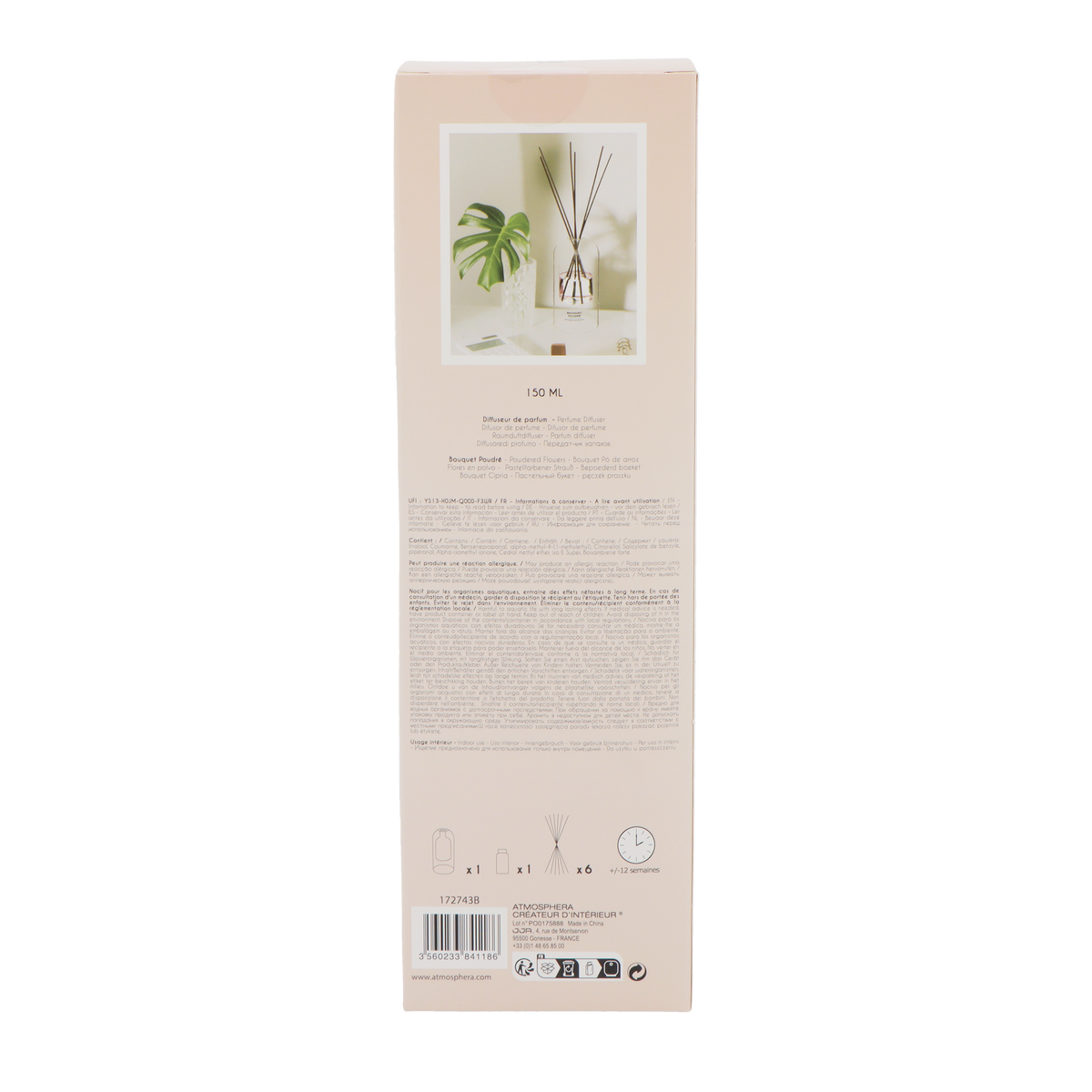 ATMOSPHERA Diffuseur Ilan bouquet poudre s Rose Un parfum féminin et raffiné aux délicates notes de rose associé à la puissances du jasmin et du musc blanc. 150ML