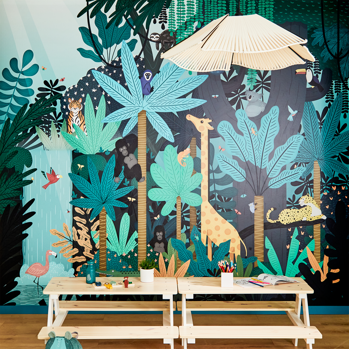 4MURS Papier peint panoramique XL Fun jungle Multicolore Satiné
