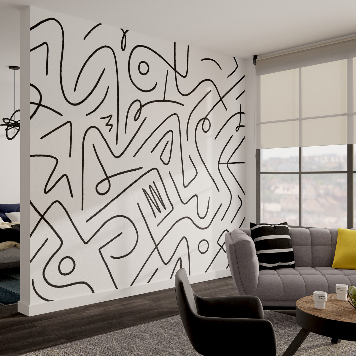 4MURS Papier peint panoramique XL Black lines Noir et blanc Mat