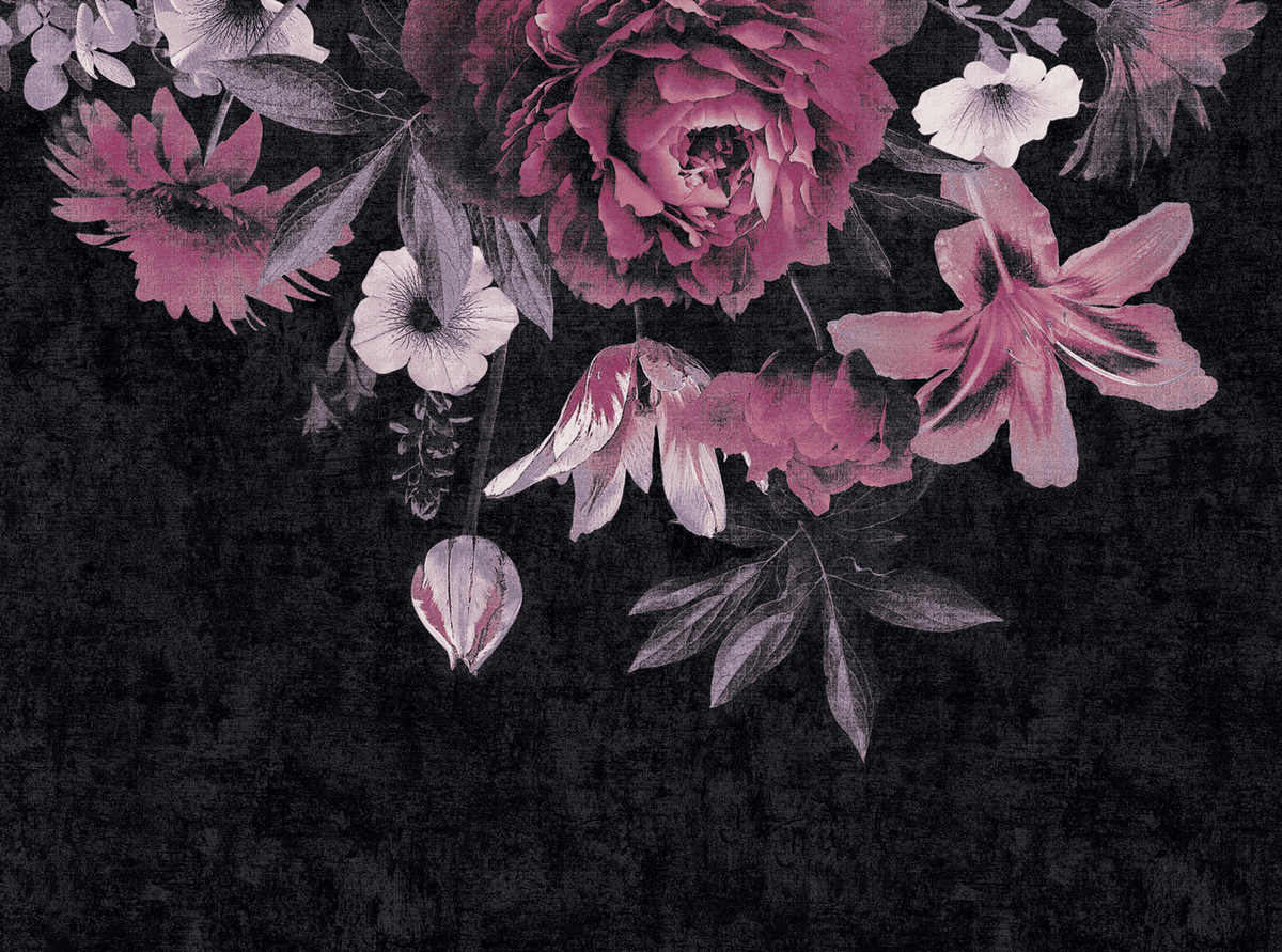 Papier peint panoramique XL Illana Rose camélia et noir Satiné