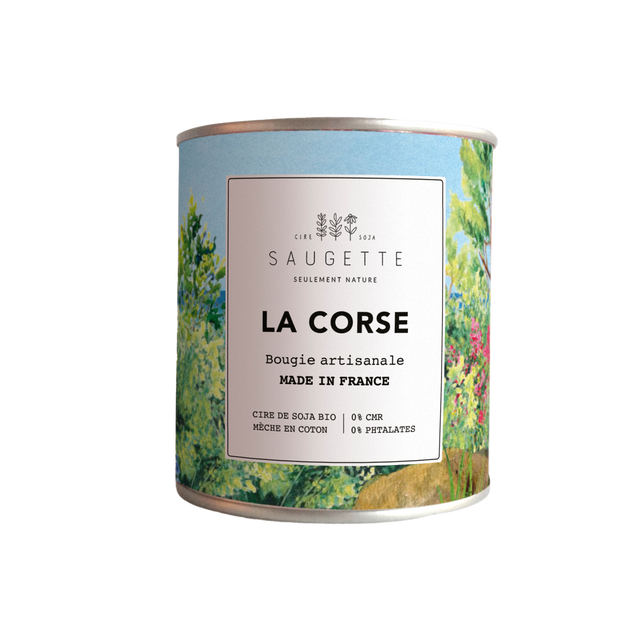 Saugette Bougie parfumée LA CORSE maquis mêlé à la douceur des notes d’olive, de rose et de jasmin sur fond d’ambre et de myrrhe.