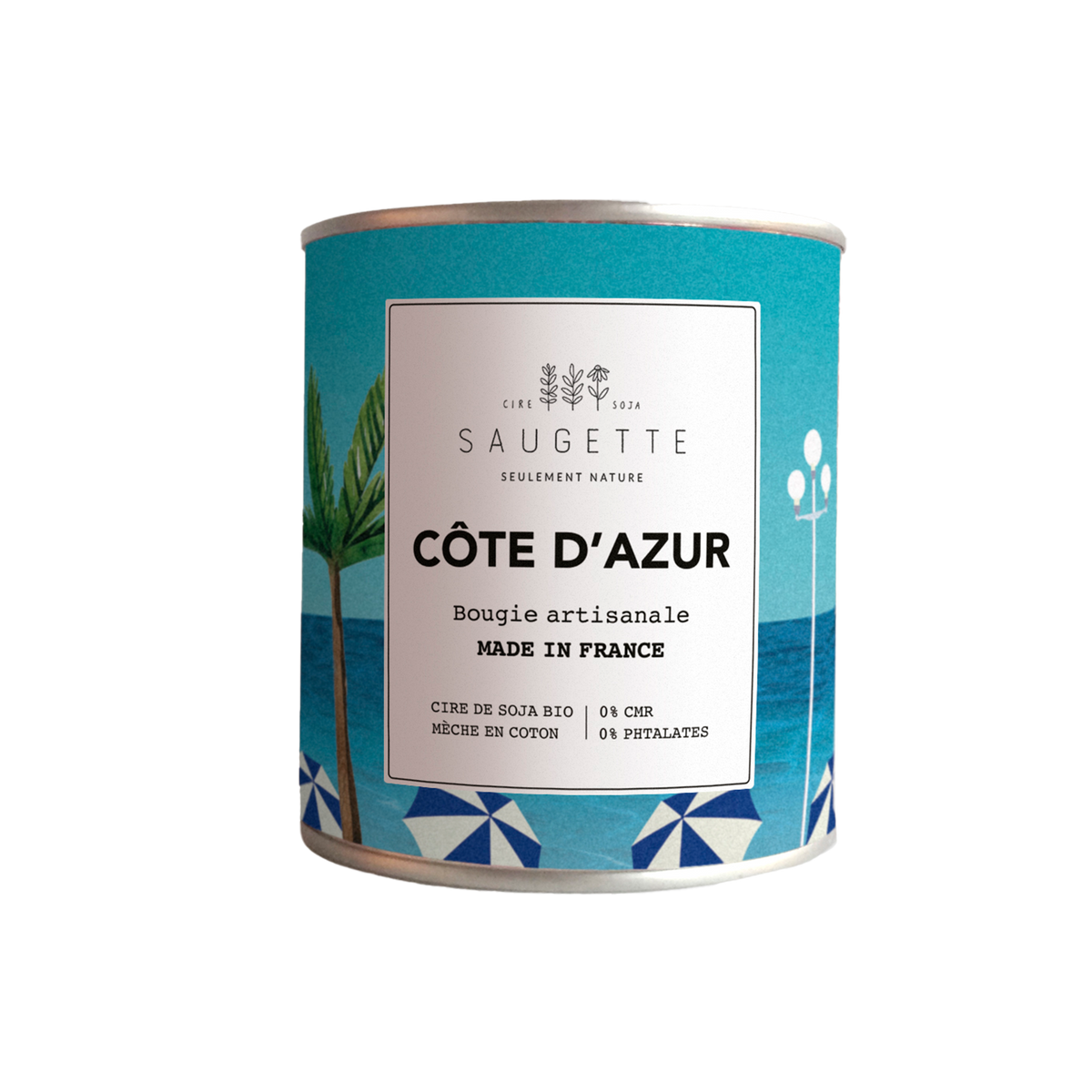 SAUGETTE Bougie parfumée Côte d'azur Bleu Melon et de fleurs d’oranger, de jasmin et de roses sur un fond boisé adouci de vanille et de musc 200G
