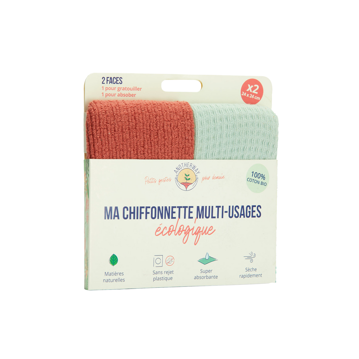 ANOTHERWAY Set ménage Chiffonnettes Corail et bleu
