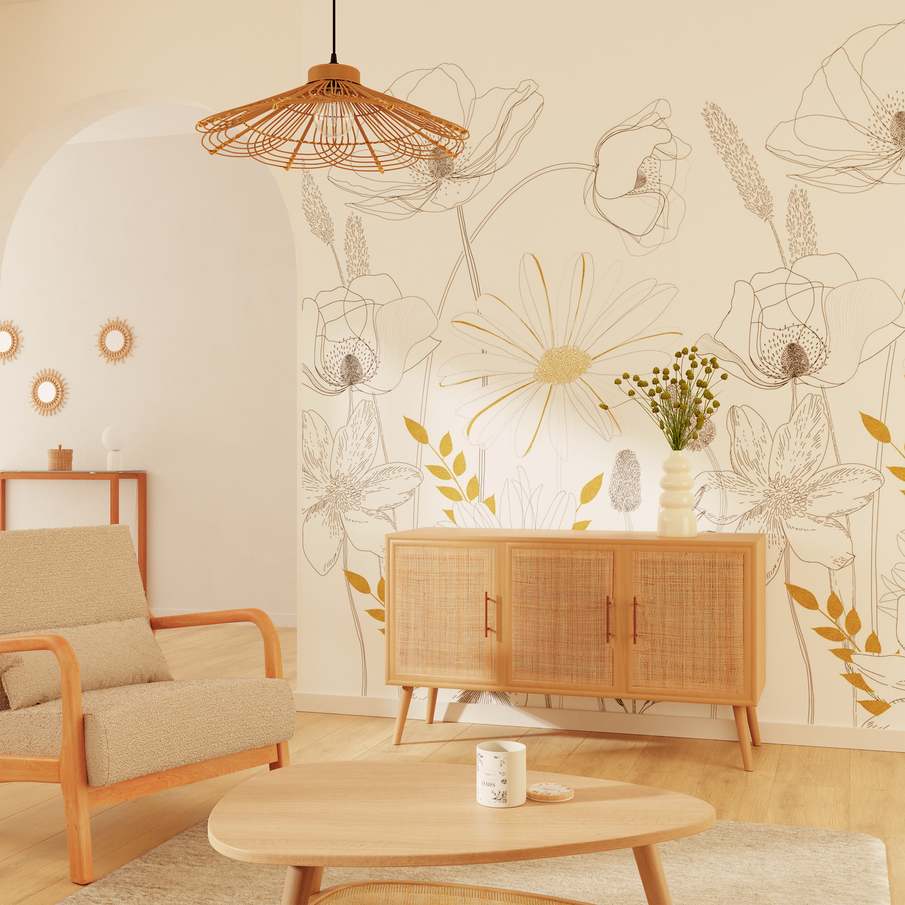 Papier peint panoramique motif fleurs dessin au trait noir dans un salon au mobilier en bois clair